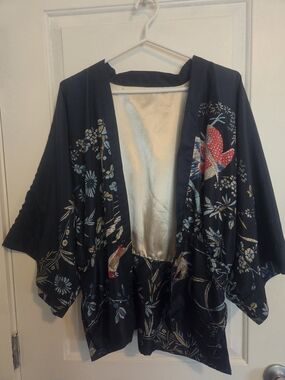 Dark Blue Floral Kimono-Style Women's Sweater